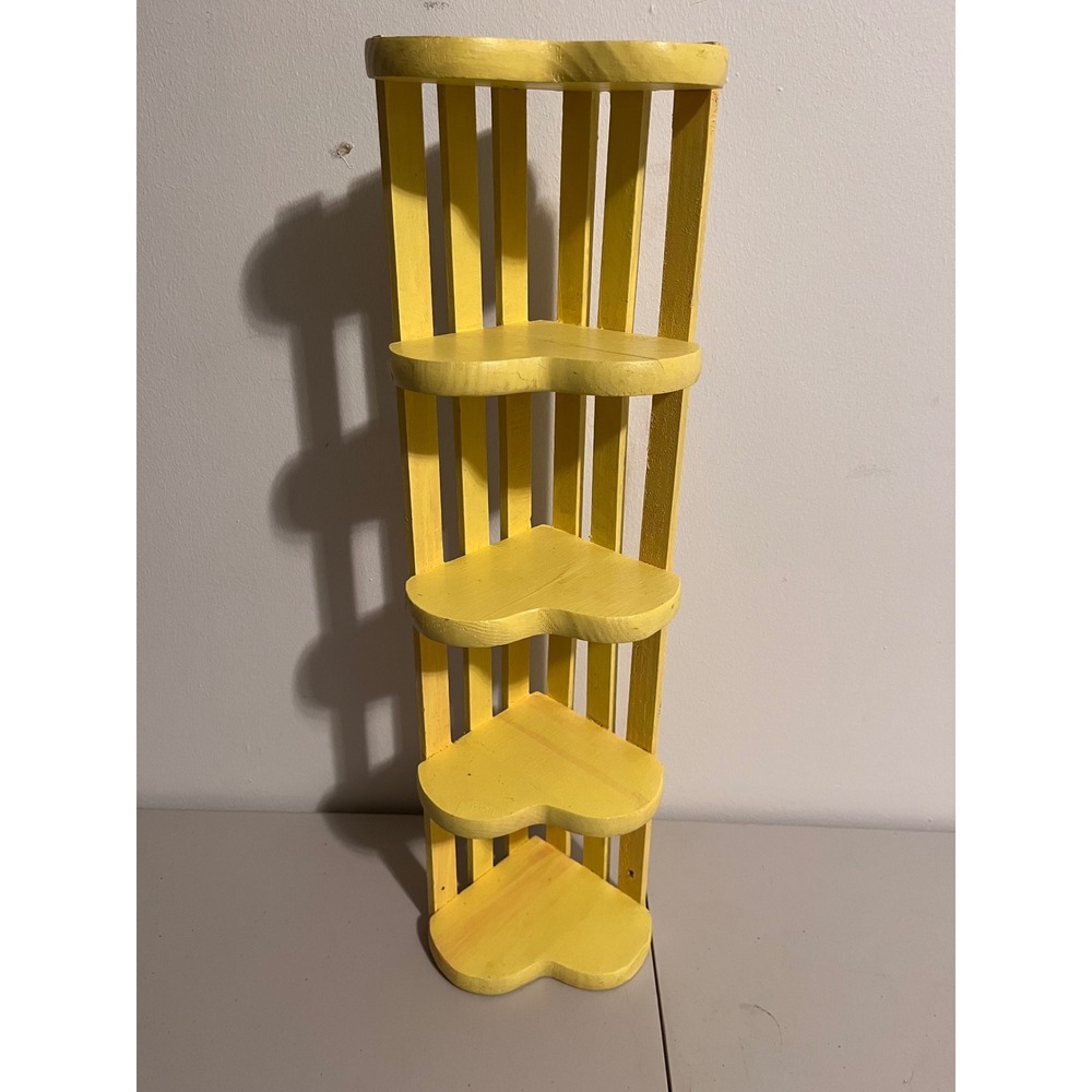 Vintage Handmade Yellow Wooden Heart Corner Shelf 4 Tier Rustic Folk Art 23.5in